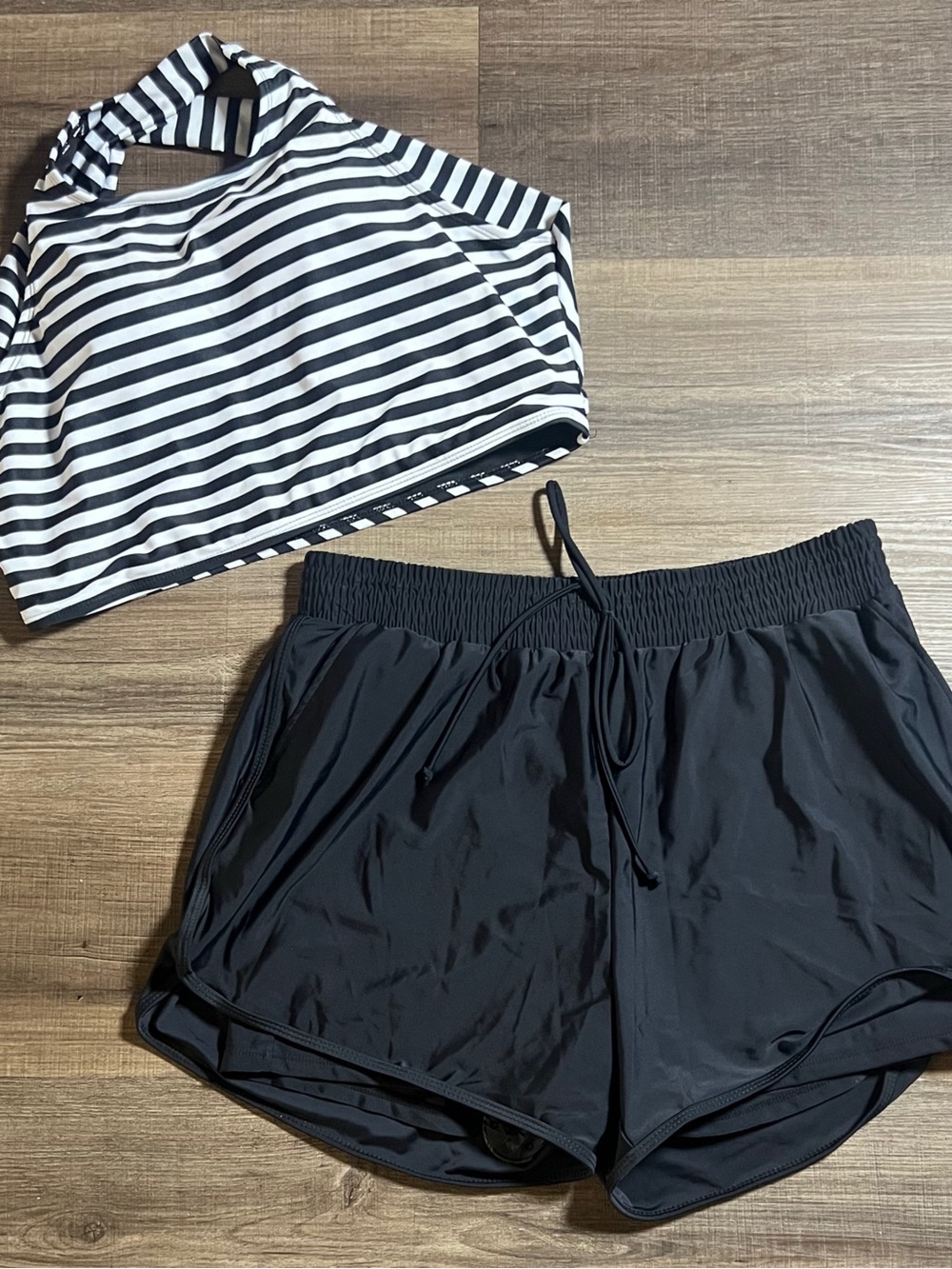 Women’s Striped Black & White Sports Bra With Shorts Swim Set